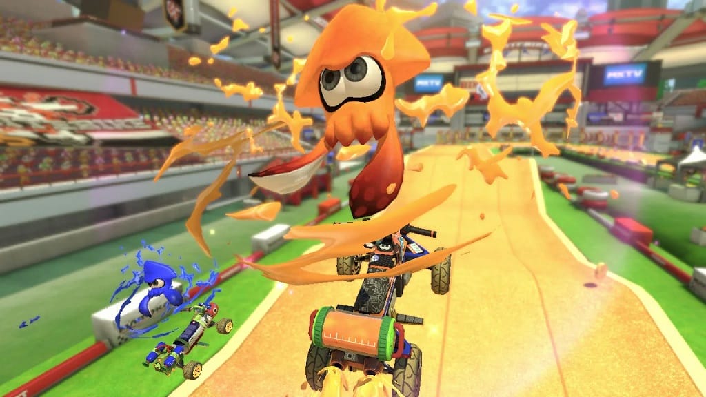 An Inkling performing a stunt in Mario Kart 8 Deluxe