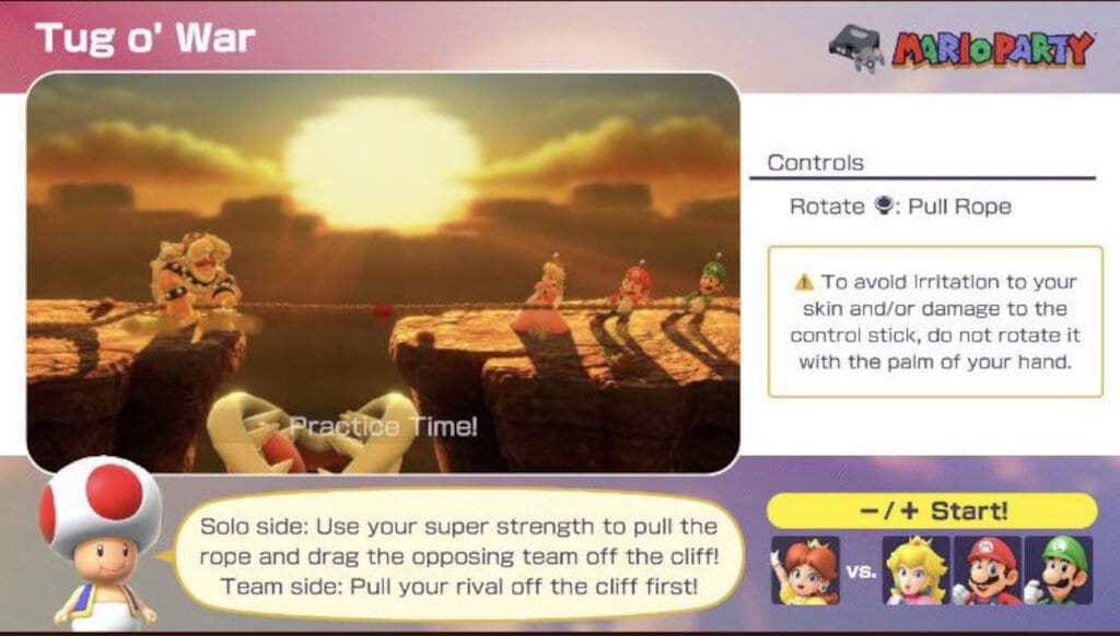 The Tug o'War minigame screen in Mario Party Superstars
