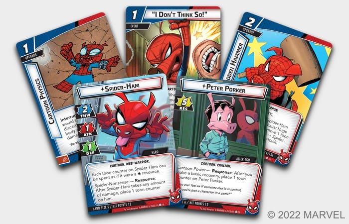A handful of cards featuring Spider-Ham from the Marvel Champions Card Game