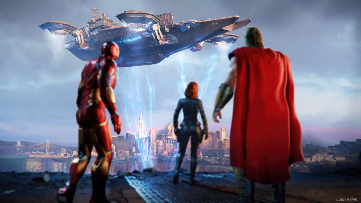 Marvel's Avengers Winter Soldier screenshot shows off Iron Man, Thor, Black Widow, and a big alien ship that needs blowing up.