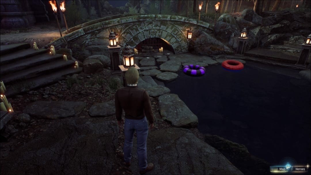 The pool with an area highlighted by runes from Marvel's Midnight Suns