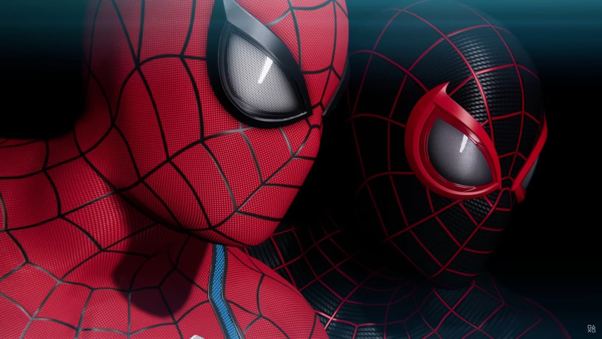 A close-up shot of Peter and Miles in Marvel's Spider-Man 2
