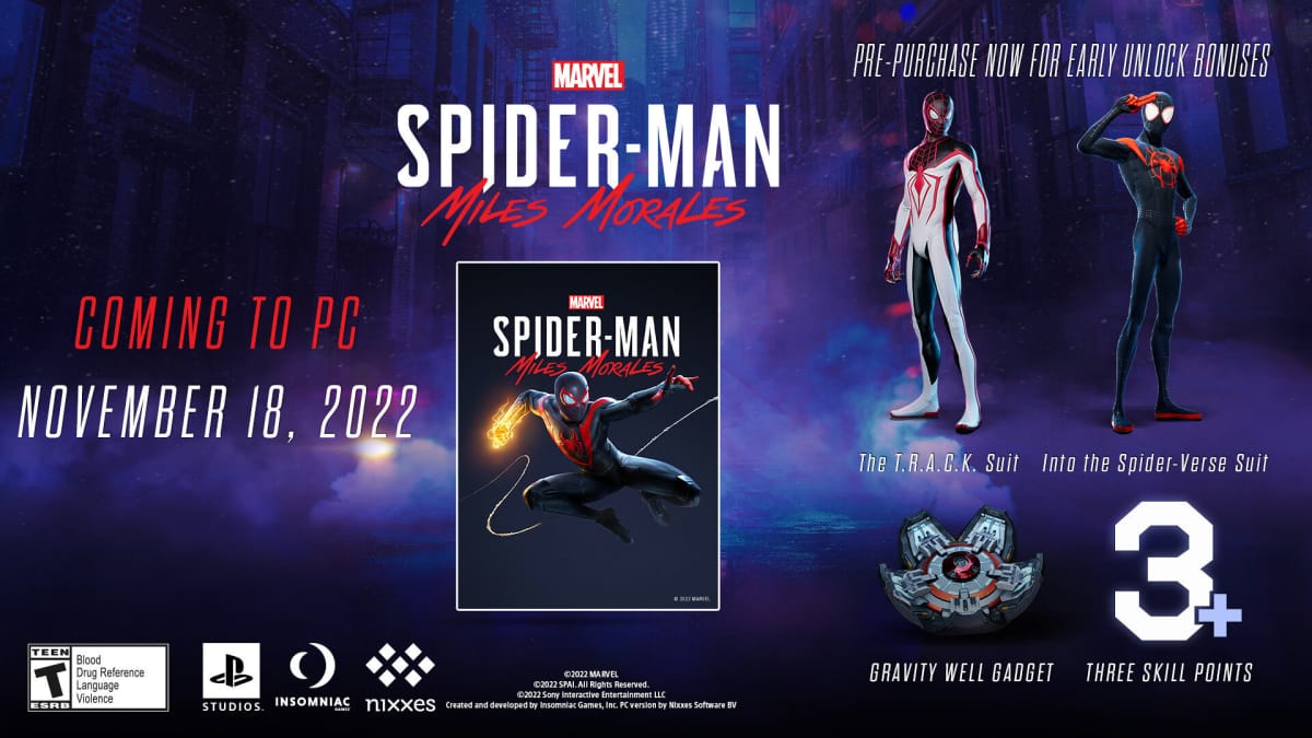 The pre-order bonuses included with Marvel's Spider-Man: Miles Morales, including the T.R.A.C.K. suit and the Into the Spider-Verse suit