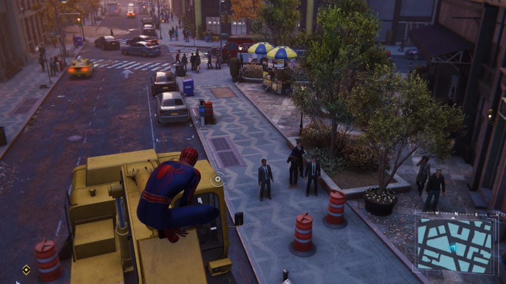 Spider-Man perches atop a lamppost in the new Marvel's Spider-Man Remastered Performance RT mode