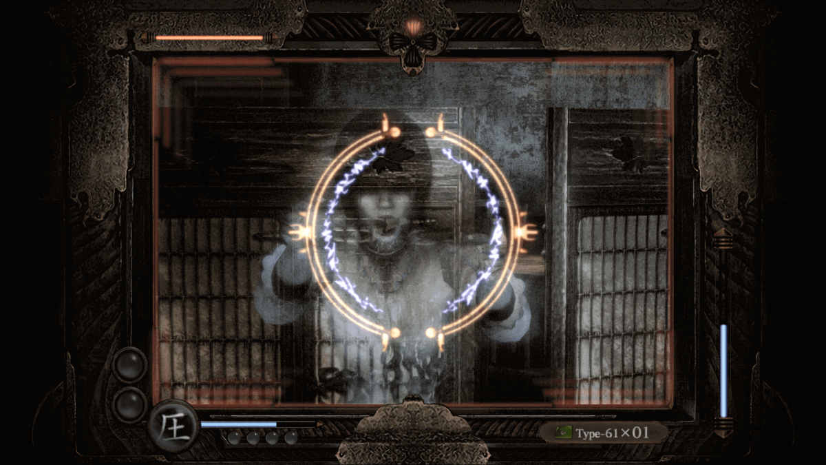 A gameplay screenshot of Fatal Frame: Mask of The Lunar Eclipse, showcasing the Camera Obscura preparing to take a picture of a hostile ghost.