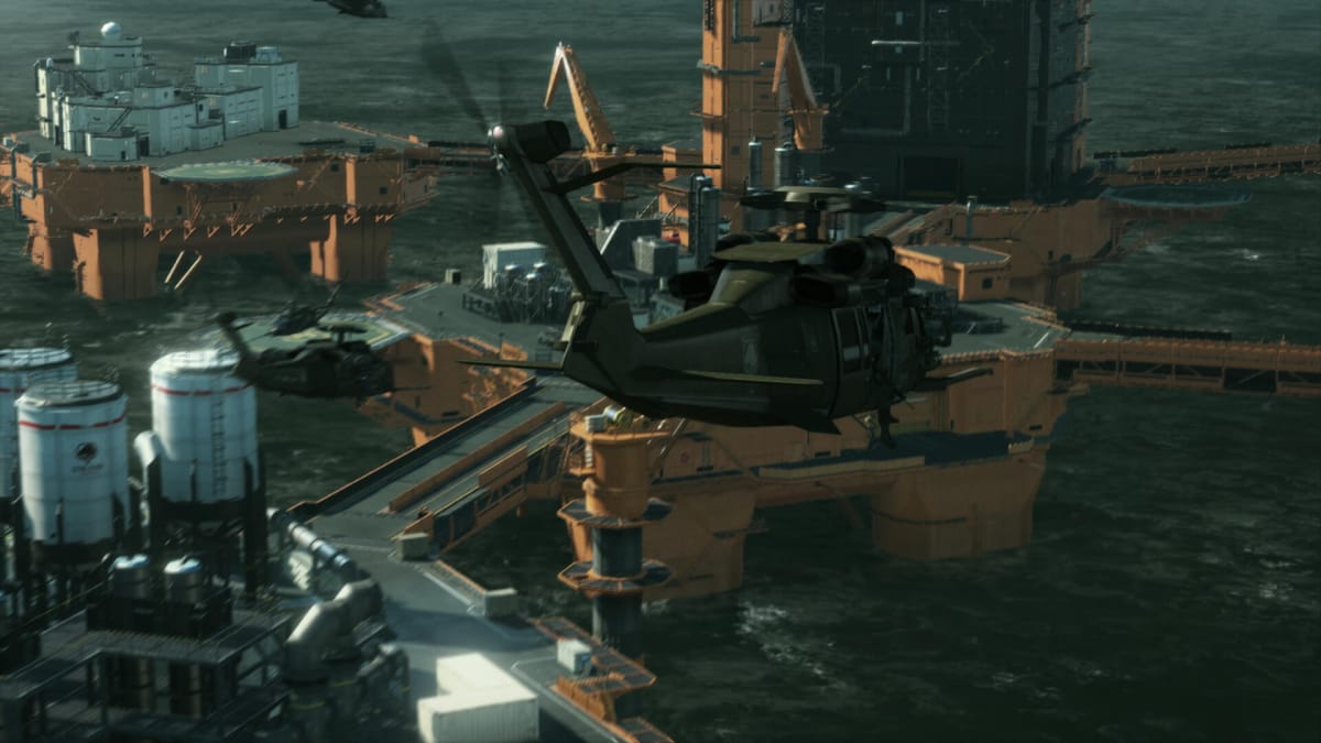Helicopters circling Mother Base in Metal Gear Solid V