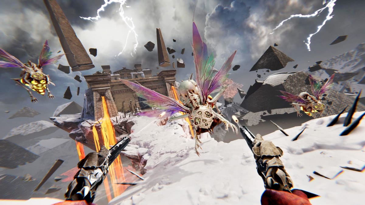 Metal Hellsinger screenshot via steam, where we see a player dual weilding pistols as swarms of flying enemies attack in a tundra like environment, Metal: Hellsinger accessibility update