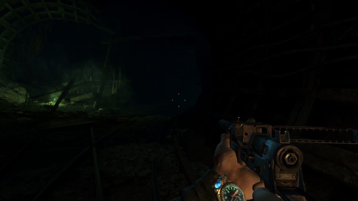 Metro 2033 Redux Screenshot showing a misty tunnel filled with green light