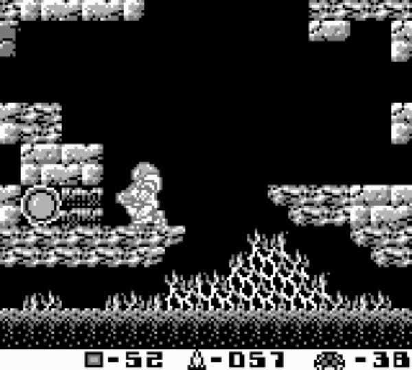 A screenshot from a game boy playing Metroid 2