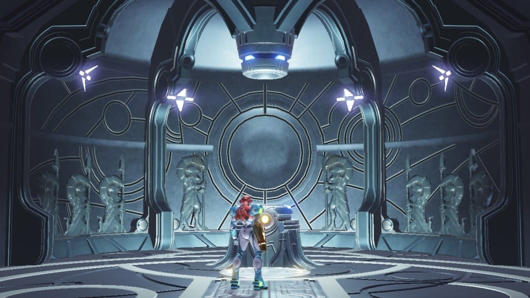 Samus in a high-tech room with a map hologram