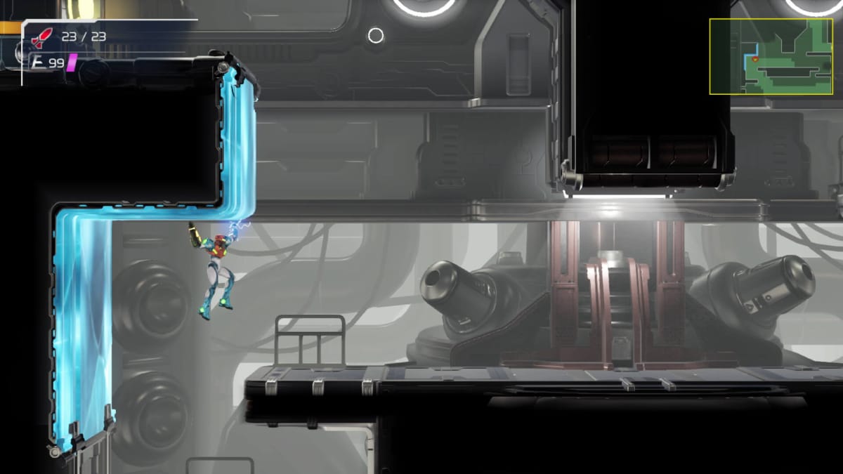 A shot of Samus exploring in Metroid Dread