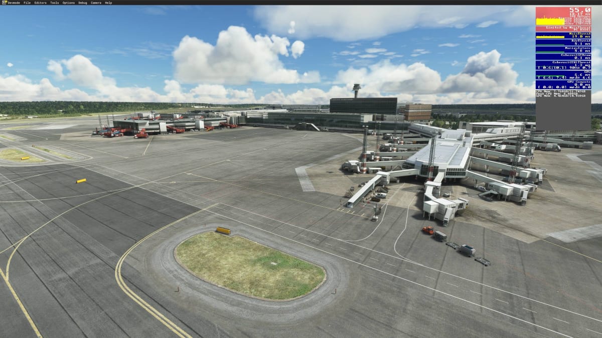 Microsoft Flight Simulator Stockholm Arlanda Review Framerate - Orbx Version showing 55 FPS