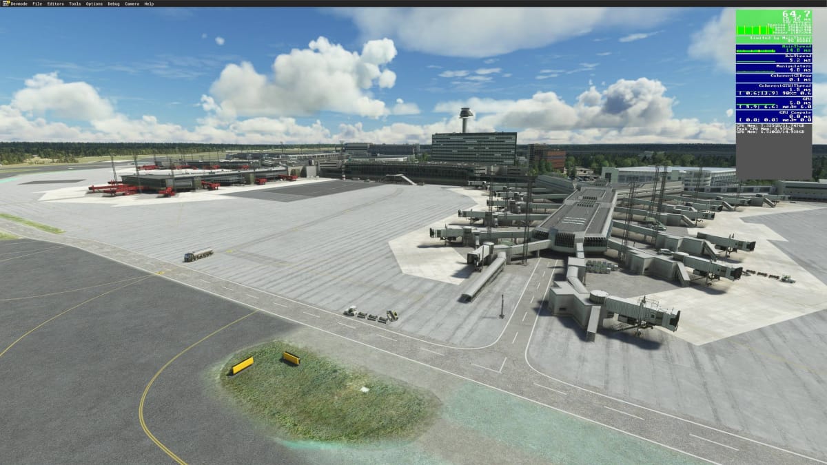 Microsoft Flight Simulator Stockholm Arlanda Review Framerate - Asobo Version showing 64 FPS