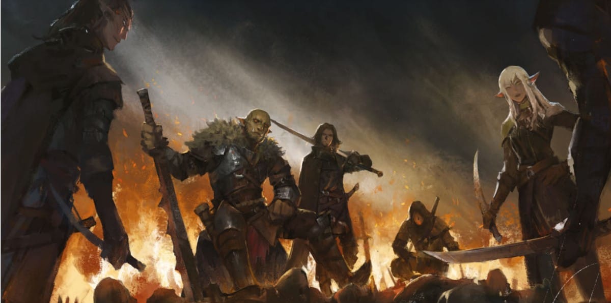 A group of adventurers in a flaming battlefield, victorious