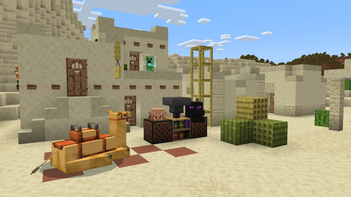 A camel relaxing in a desert scene in the Minecraft beta branch