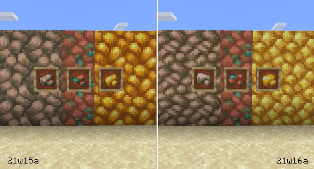 A raw ore texture comparison in Minecraft: Java Edition