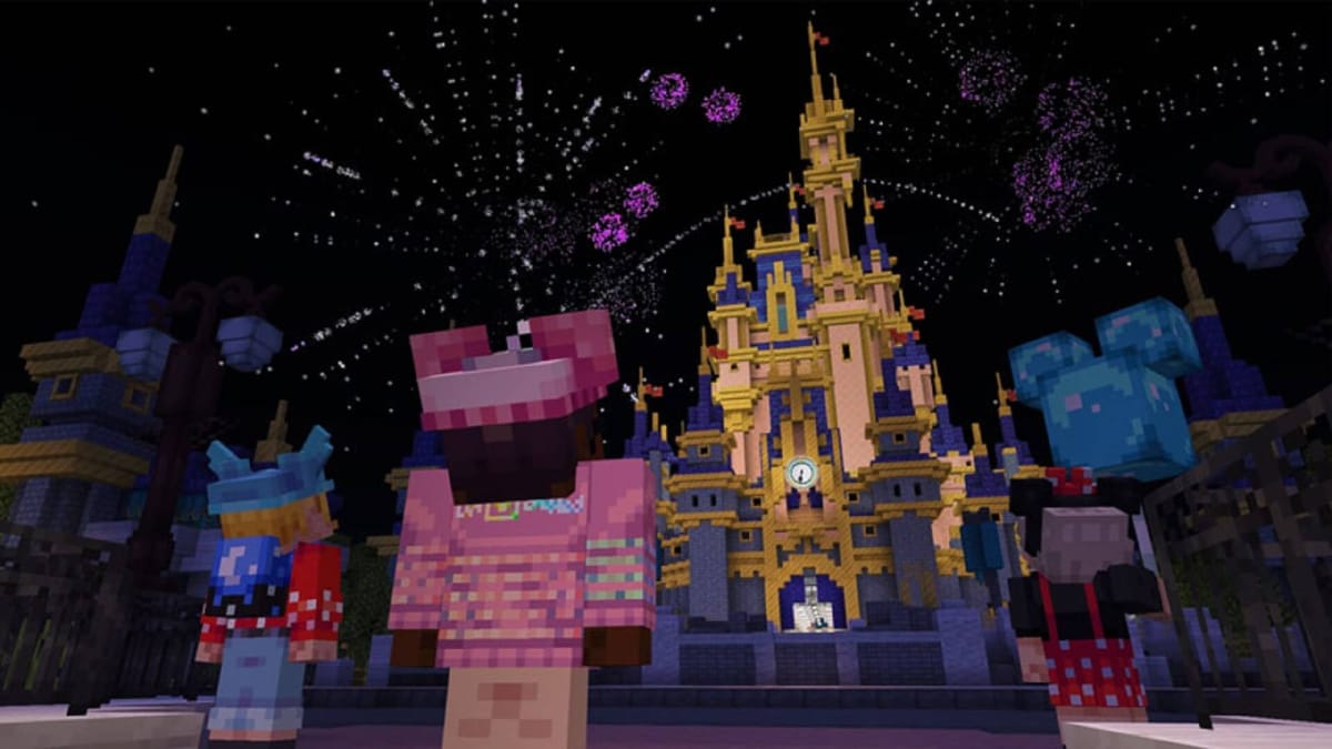 The famous fireworks display in the Minecraft Magic Kingdom map