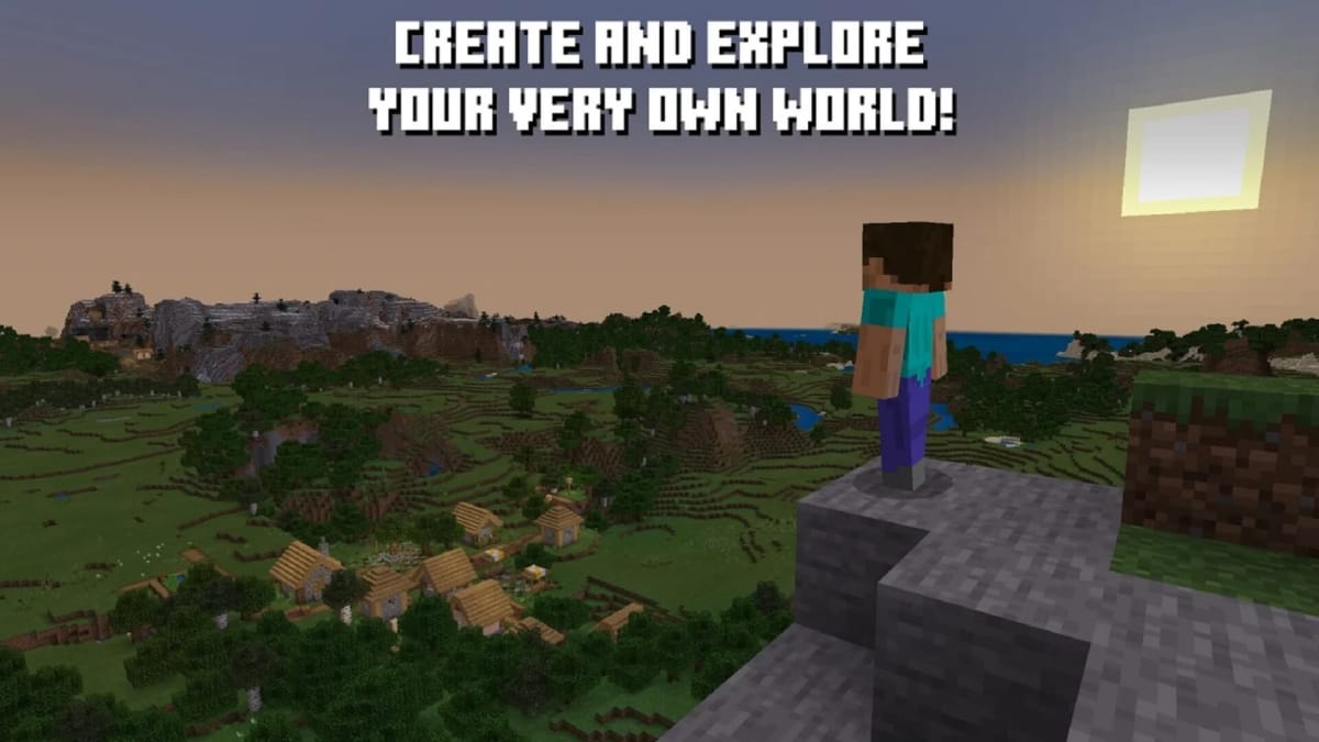 A Minecraft player staring out over a landscape with the caption "CREATE AND EXPLORE YOUR VERY OWN WORLD!"