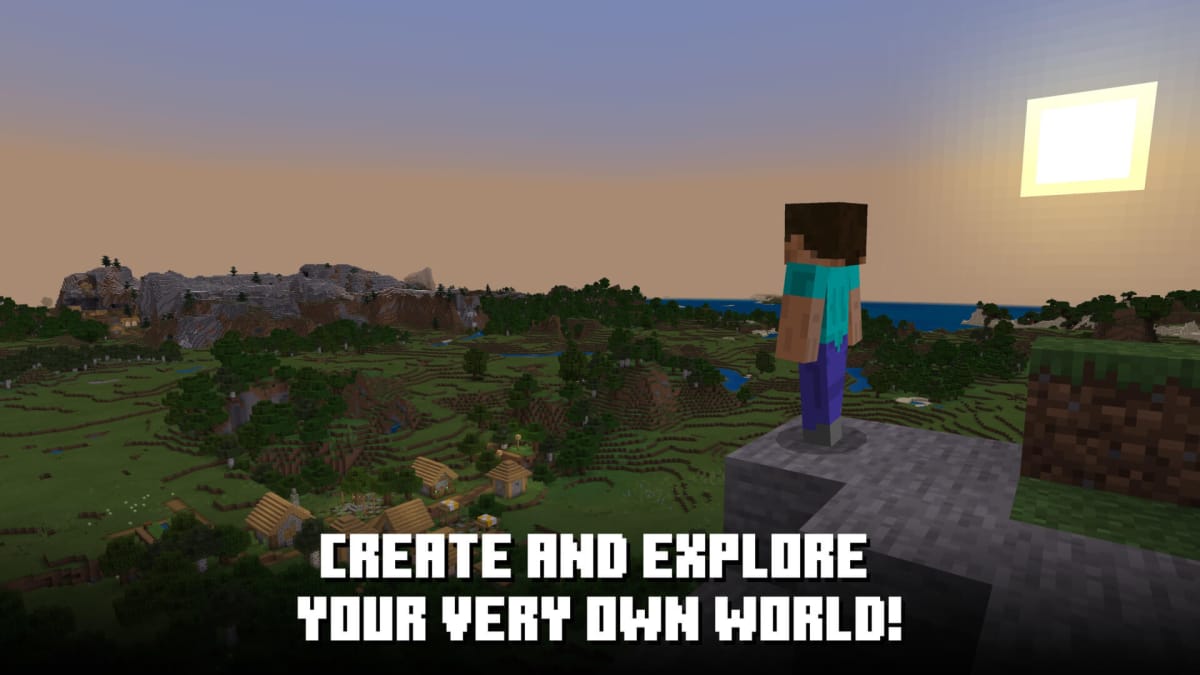 Steve from Minecraft looking out over a massive voxel world, with the caption "Create and explore your very own world!" below it