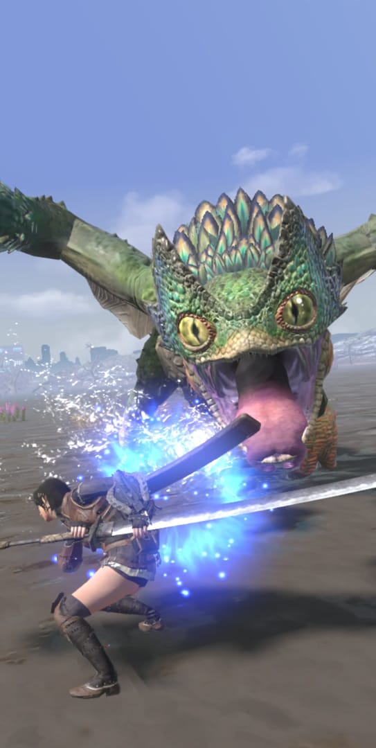 A fight in Monster Hunter Now with a Pukei Pukei.