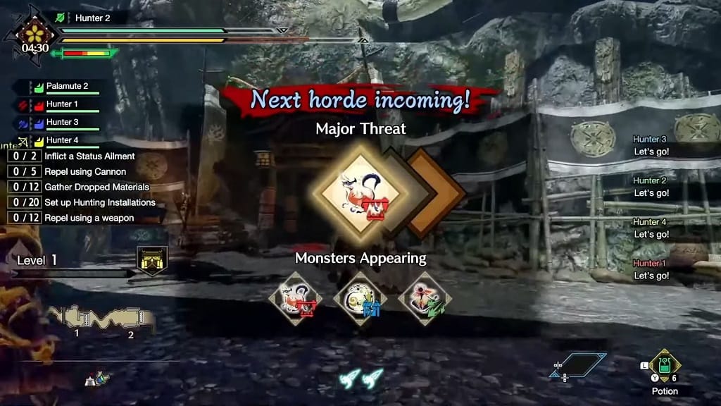A team prepares for a horde in the new Monster Hunter Rise Rampage mode