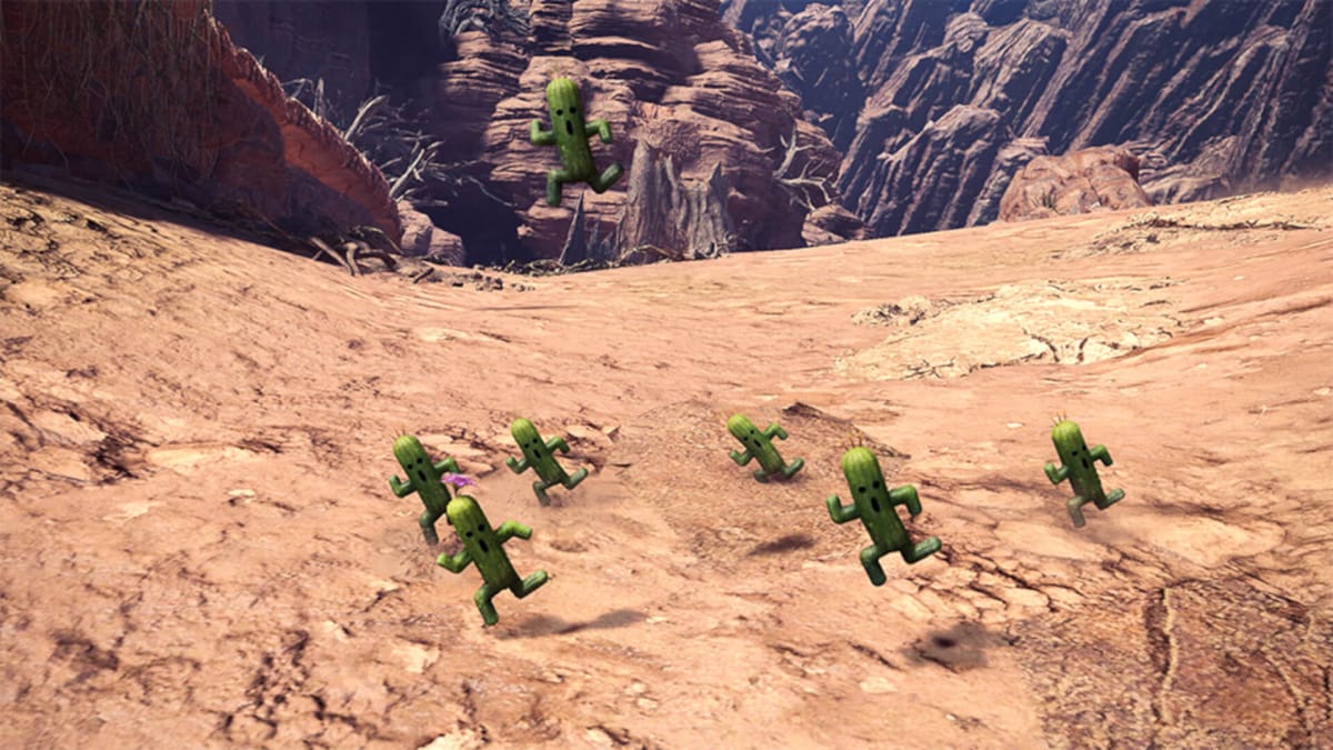 A group of Final Fantasy Cactuar taunting the player in Monster Hunter: World