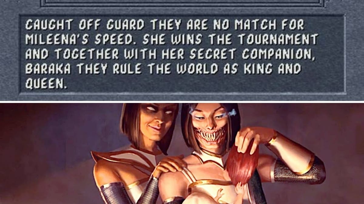 Mileena's Mortal Kombat 2 ending, where she ends up with Baraka, vs her Mortal Kombat 11 ending, where she's with Tanya