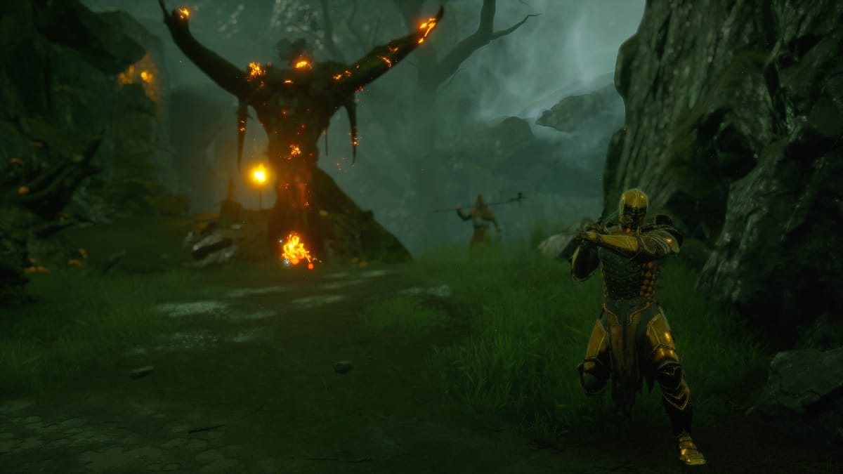 Mortal Shell player model looking toward the camera with an enemy and enflamed tree behind