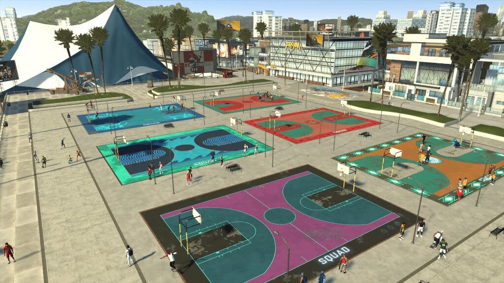An aerial court view in NBA 2k21