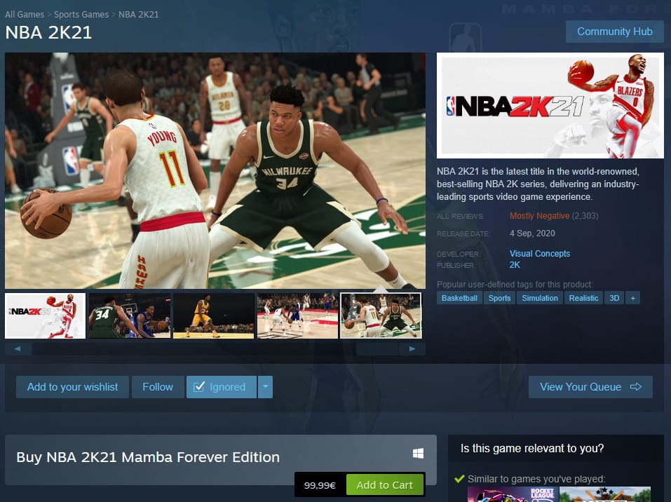 The Steam page for NBA 2k21: Mamba Forever Edition in Belgium
