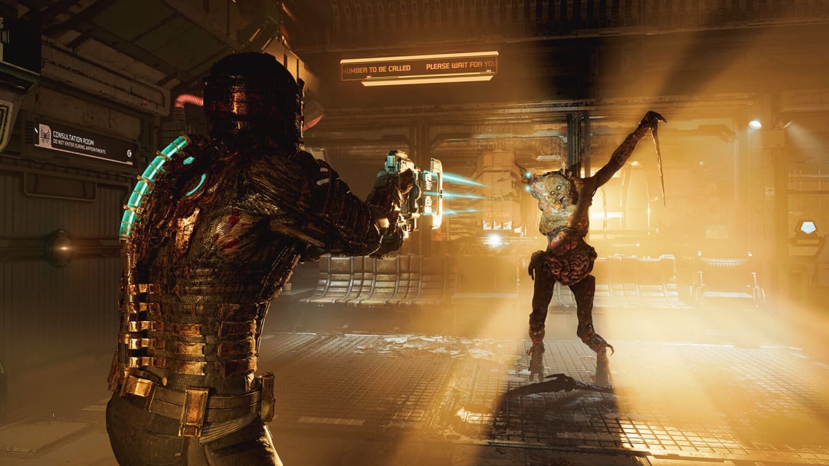 Isaac aiming the Plasma Cutter at a Necromorph in the Dead Space remake, which came in second on the NPD sales chart for January