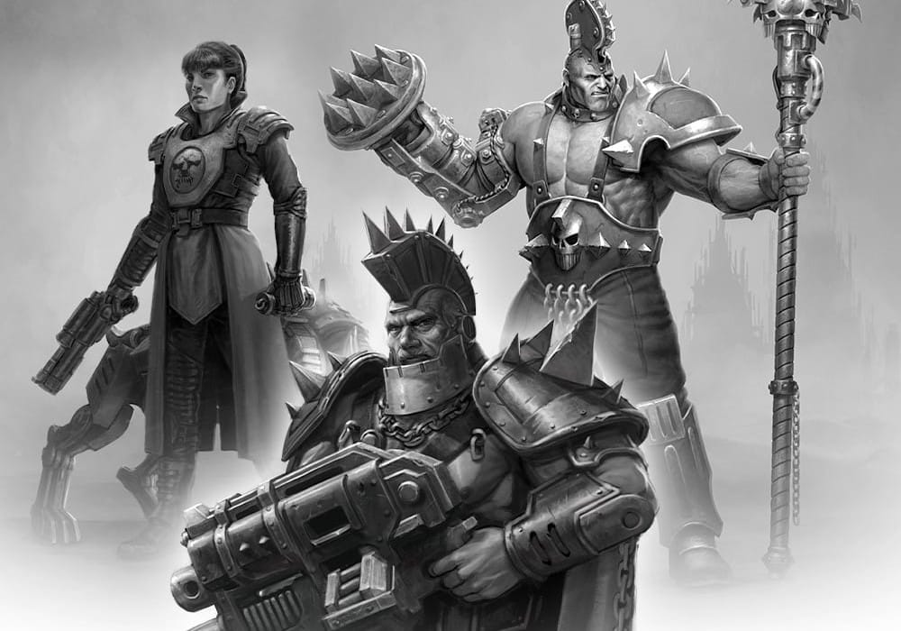 Black and white illustrations of warriors in an expressive artstyle from Necromunda Vaults of Temenos