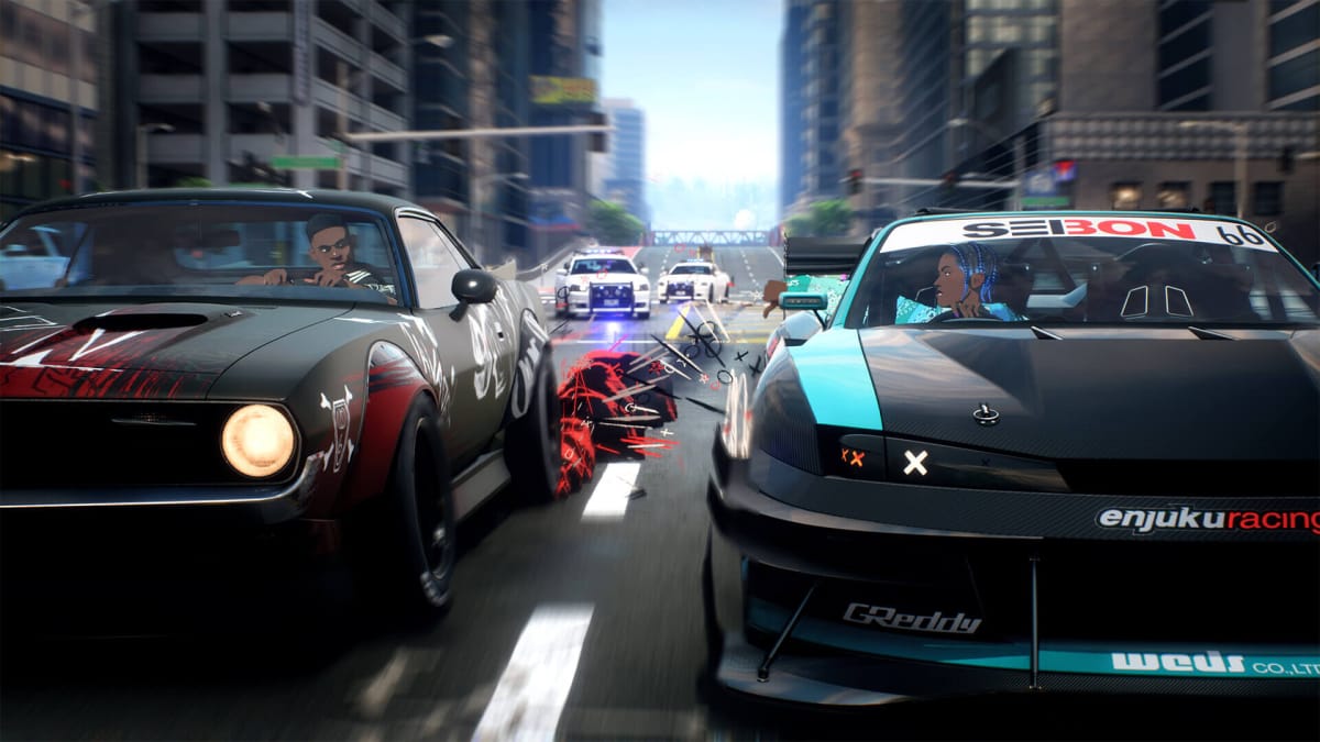 Two drivers racing while the police give chase in Need for Speed Unbound, an Xbox Game Pass June 2023 Wave 2 game