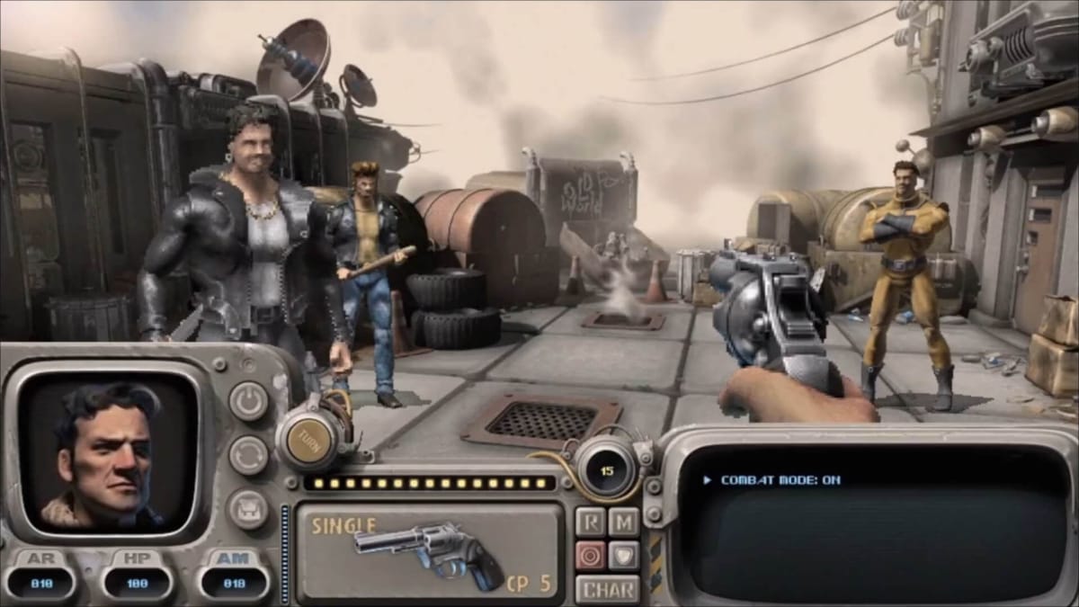 The player aiming a gun at several thugs in the Fallout-inspired New Blood CRPG