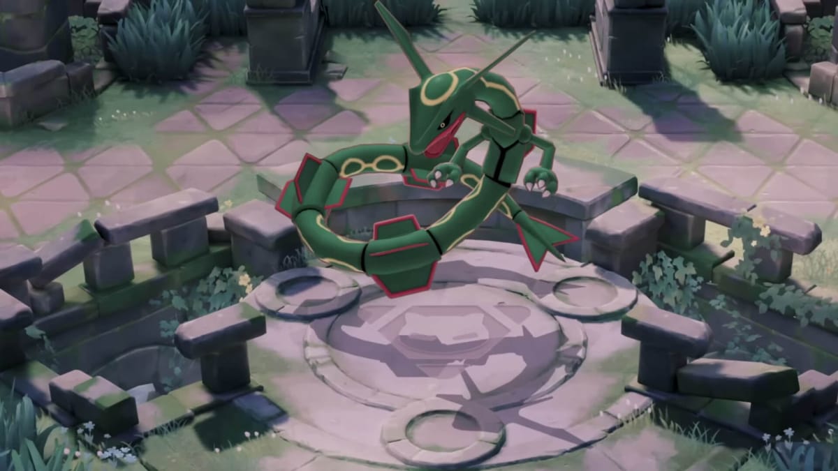 Rayquaza floating menacingly in the new Pokemon Unite map Theia Sky Ruins