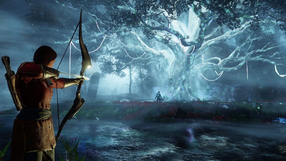 A player aiming an arrow at an enemy in New World