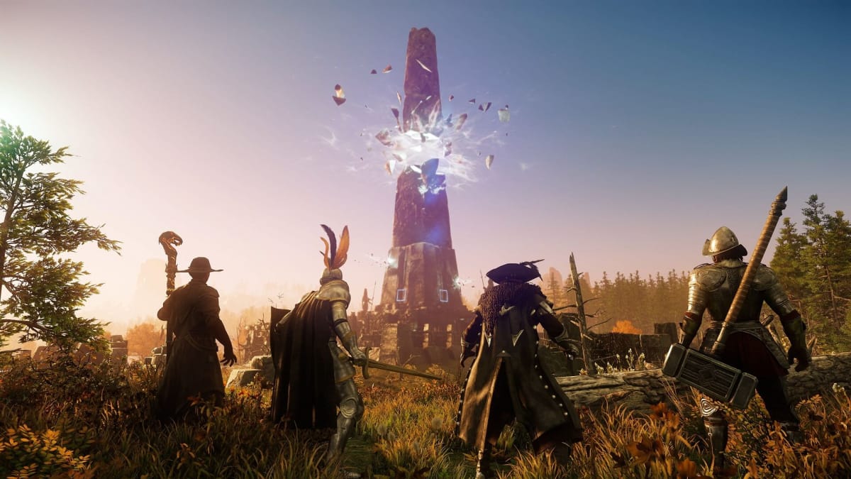 Four players staring at a shattered pillar in New World