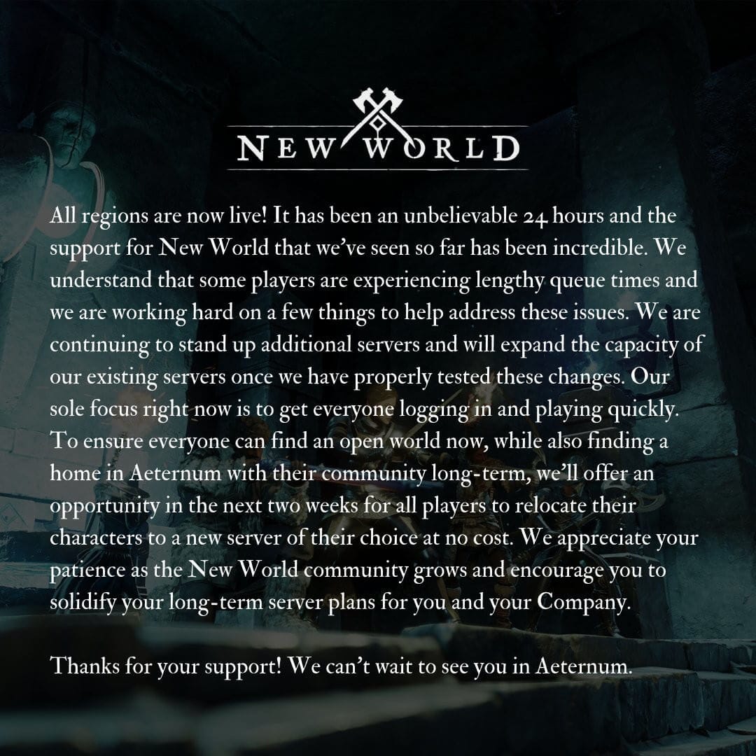 The message posted by Amazon to New World players on Twitter
