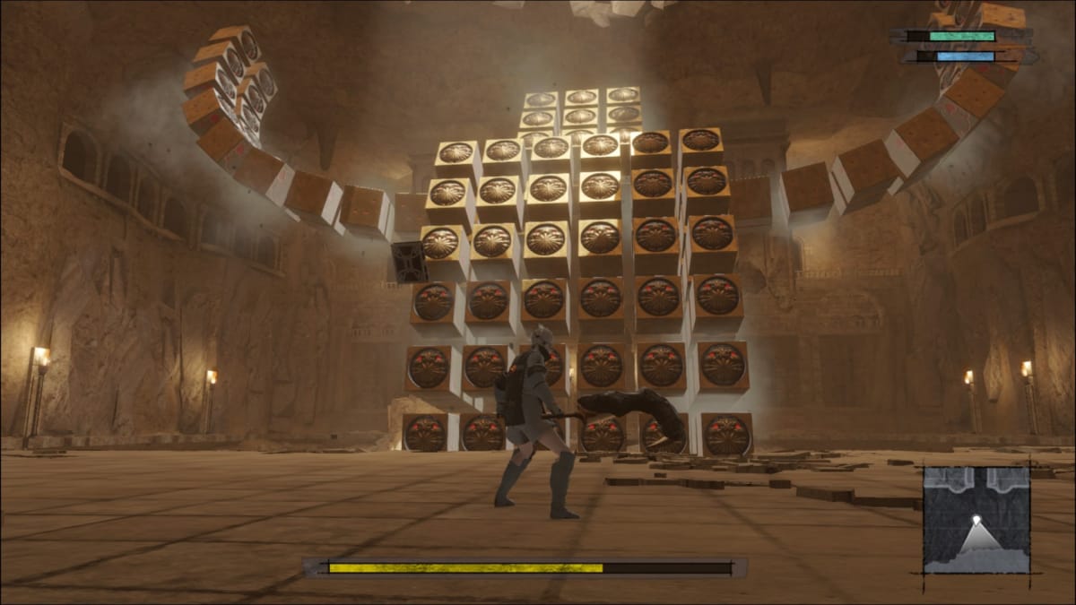 A large golem made out of cubes threatening the player