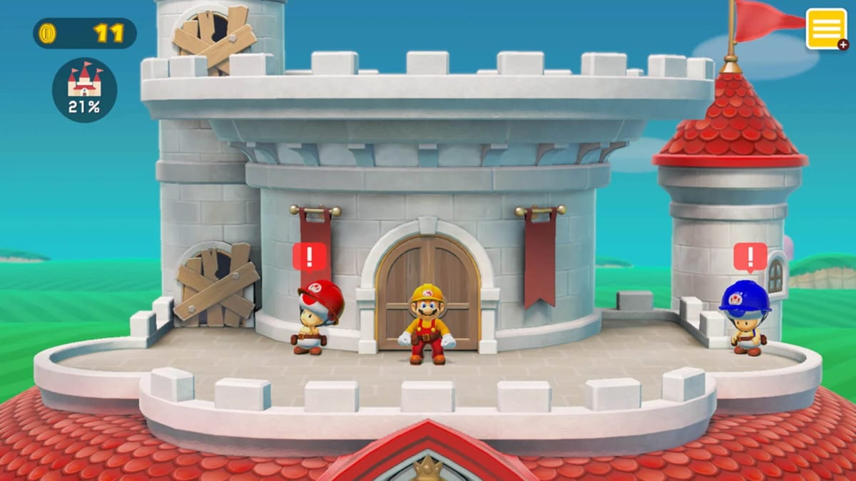 Mario wearing a builder's uniform in Super Mario Maker 2, intended as a visual parallel for the new Nintendo labor complaint