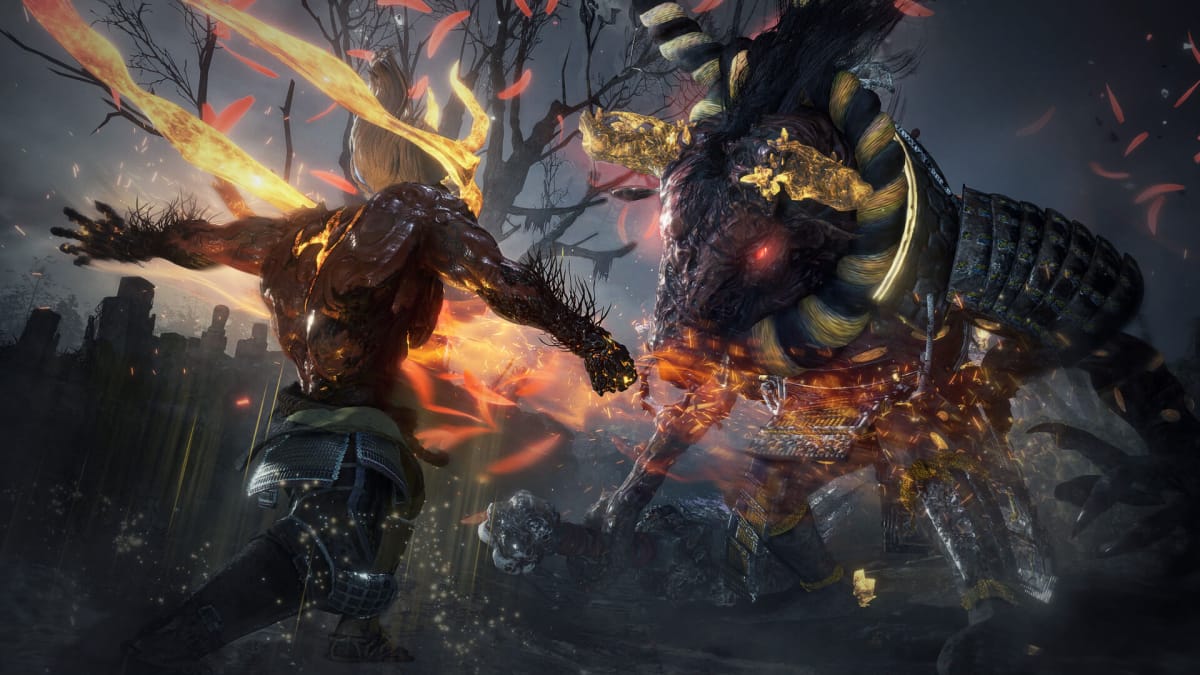 PS Plus Essential November screenshot showing the player facing a massive creature in Nioh 2.