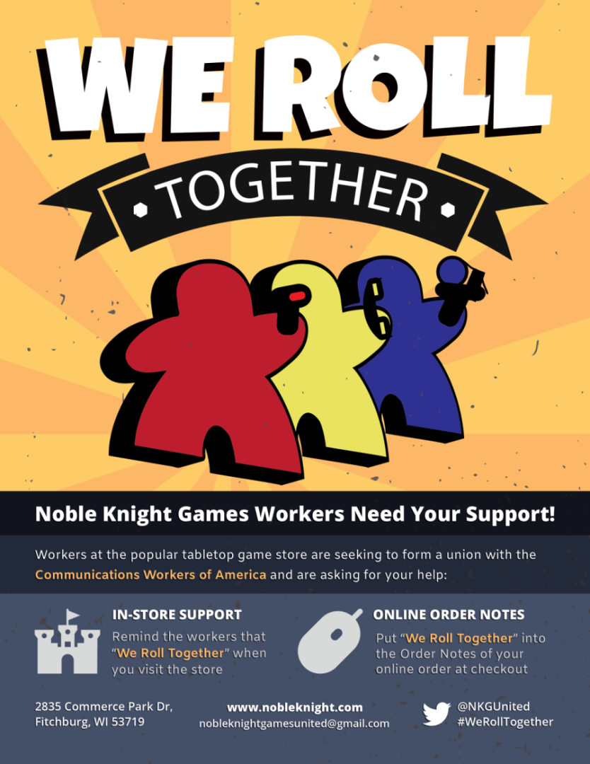 A promotional flier of Noble Knight Games Workers rights