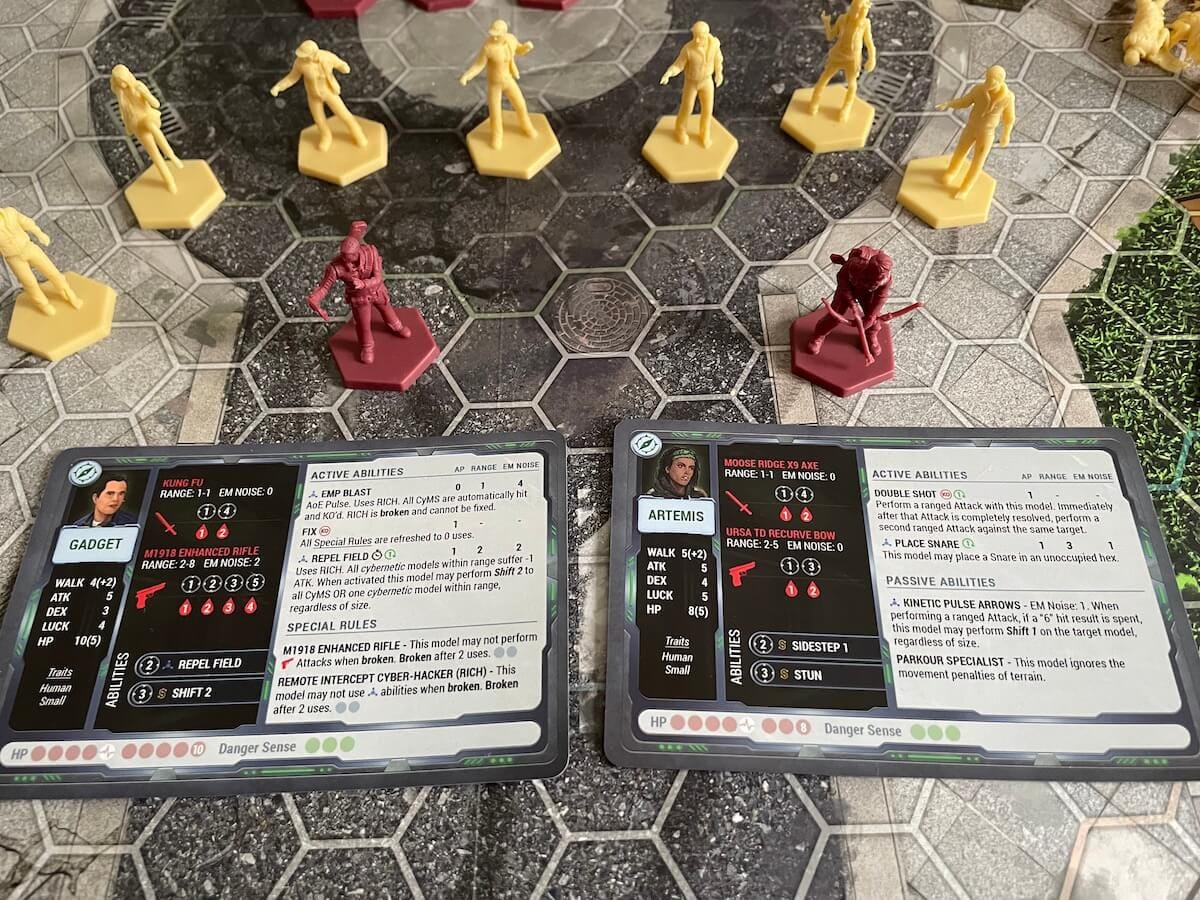 Two Survivalists and their character cards, surrounded by hordes of CyMS in Omicron Protocol.