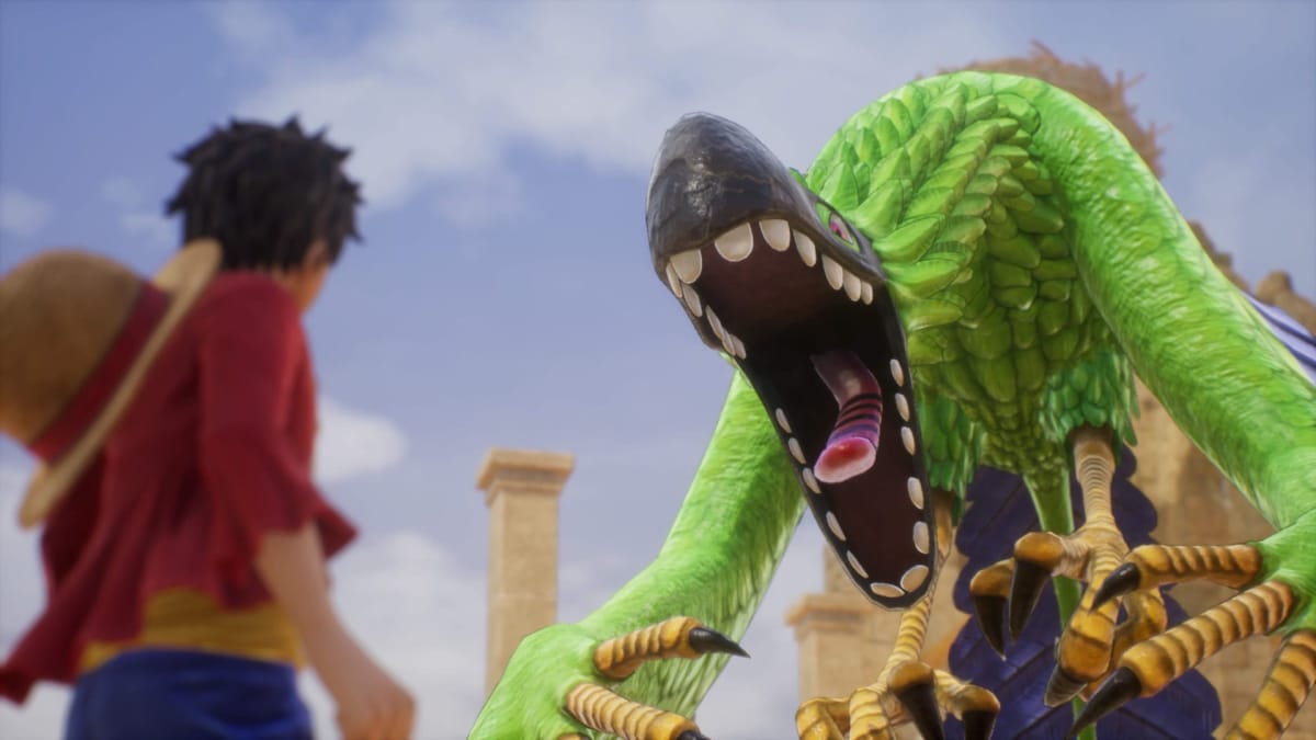 Monkey D. Luffy facing off against a large monster