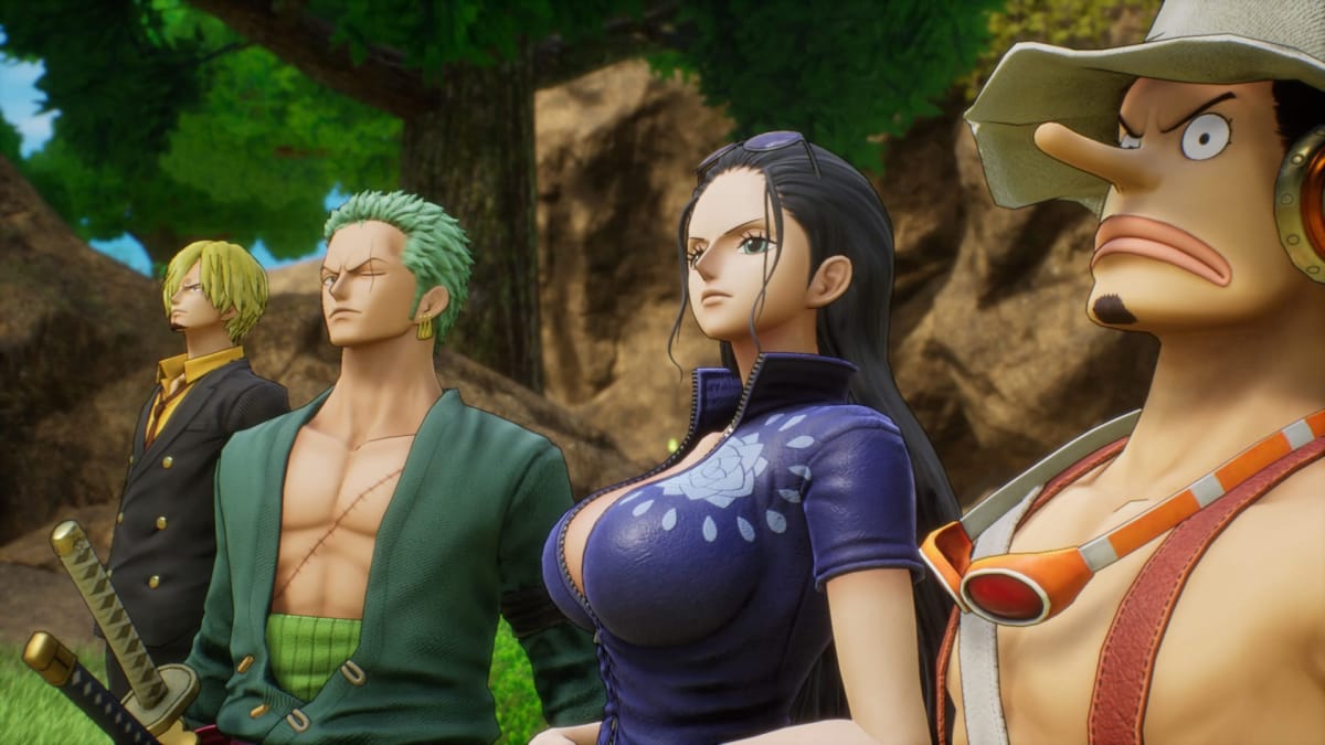 Sanji, Zoro, Nico Robin, and Usopp standing in a line, ready for adventure.