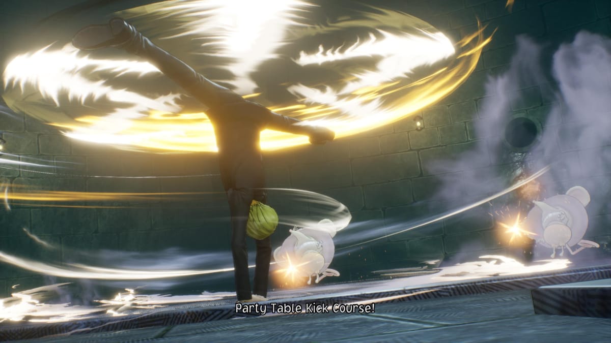 Sanji attacking multiple enemies with a spinning kick in One Piece Odyssey.