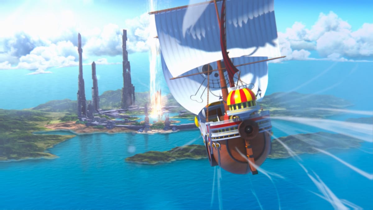 One Piece Odyssey opening movie showing the Thousand Sunny in the air, going toward an island. 