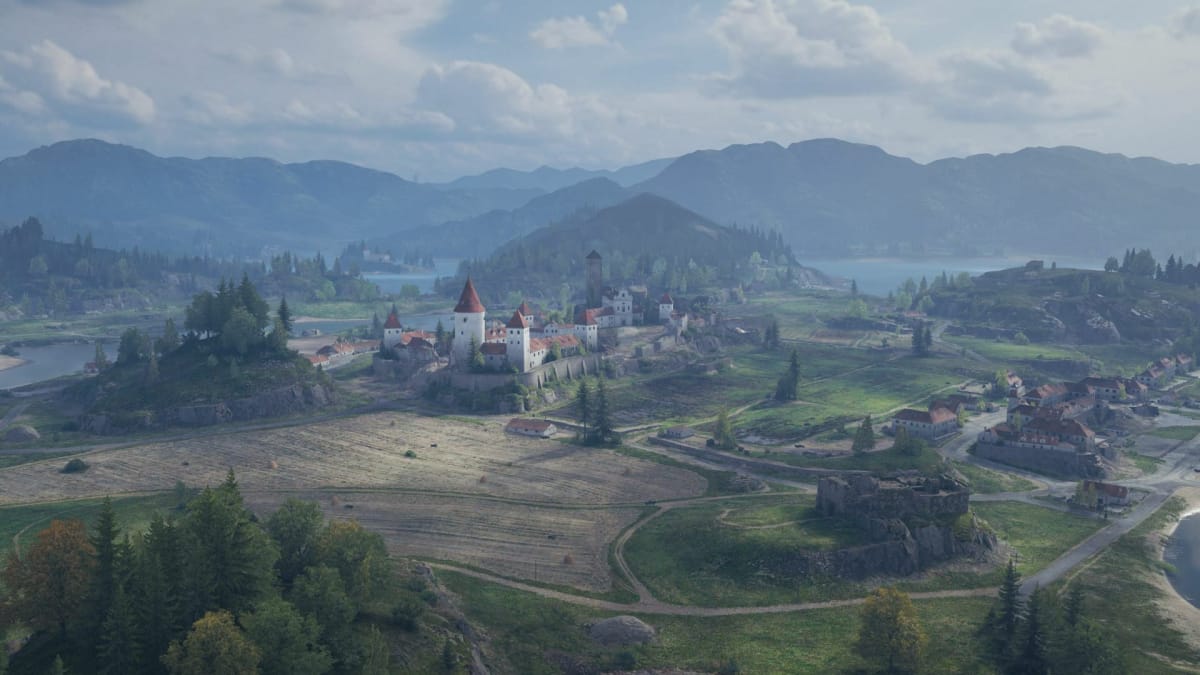 A screenshot of the newest added map, Outpost. It shows off a castle and mountains from the latest World of Tanks update. 