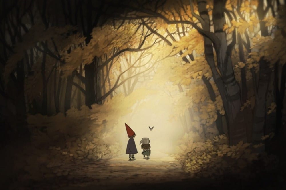 Over The Garden Wall promotional art showing Greg and Wirt walking into a forest