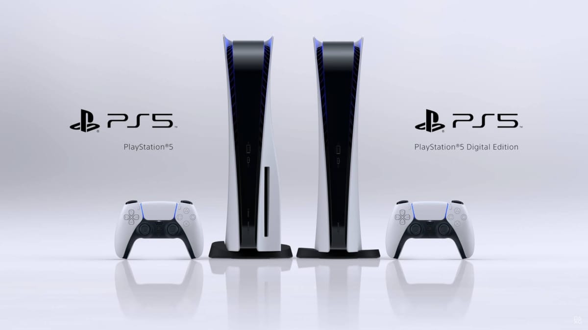 The PS5 and PS5 Digital Edition next to one another with two DualSense controllers as a representation of the PS5 price hike
